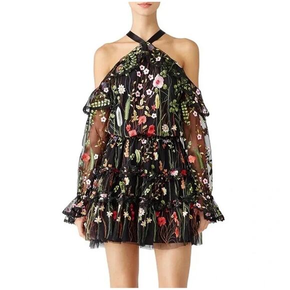 Alexis Adeline Embroidered Floral Cold Shoulder Mini Dress Black Women's Size S - Picture 2 of 6